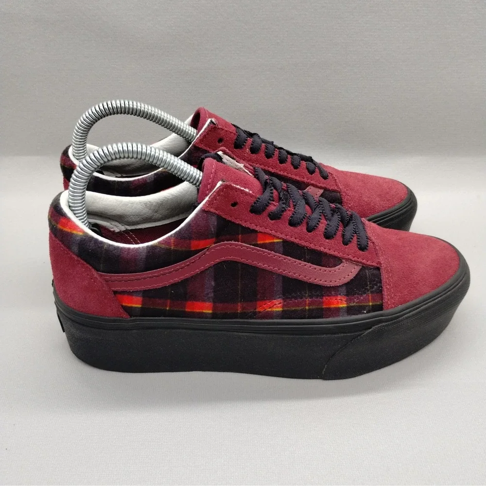 Vans Old Skool Platform Plaid Burgundy‎ Suede Sneakers Womens 8 Mens 6.5